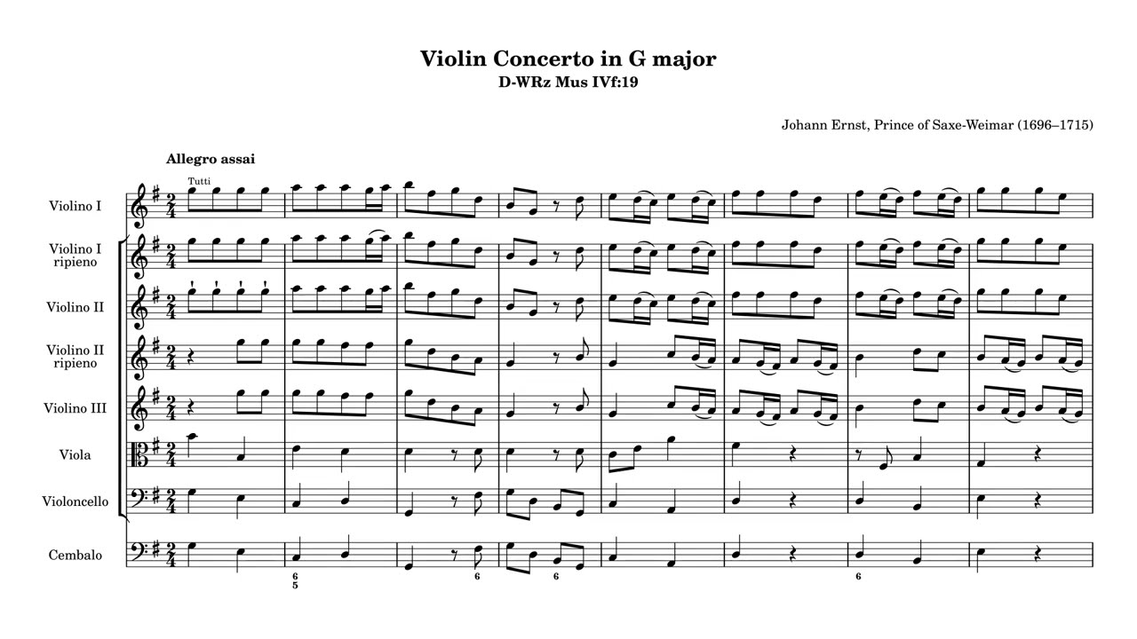 Prinz Johann Ernst von Sachsen-Weimar: Violin Concerto [No. 7] in G major (Bach BWV 592)