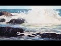 Watercolor of waves crashing on a rocky seashore