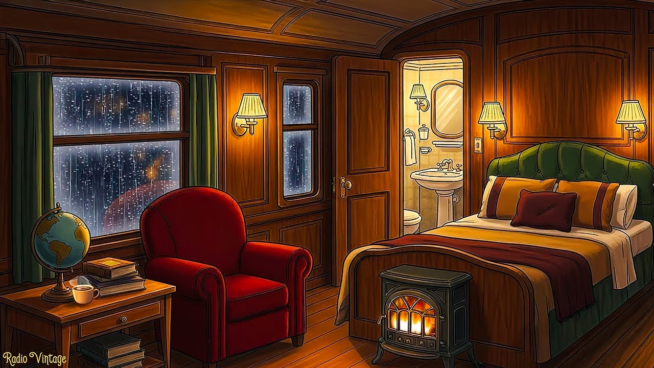 cozy reading nook ambience 🌧️ 1930s oldies playing in another room (crackling fire & rain sounds)