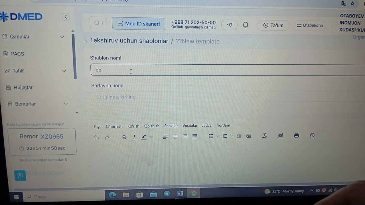 DMED tizimida kasalxonada yotgan bemorlar uchun shablon yaratish. 