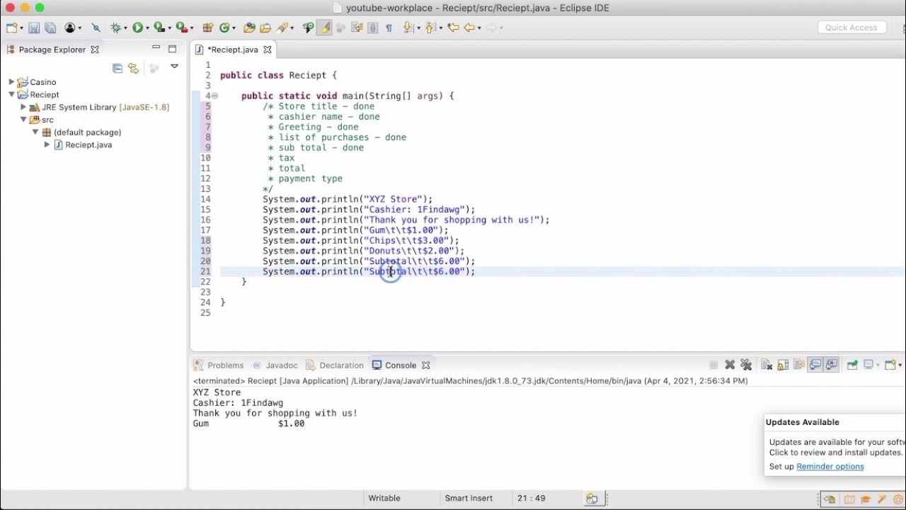 Java Tutorial - Receipt (1) Main Method - YouTube