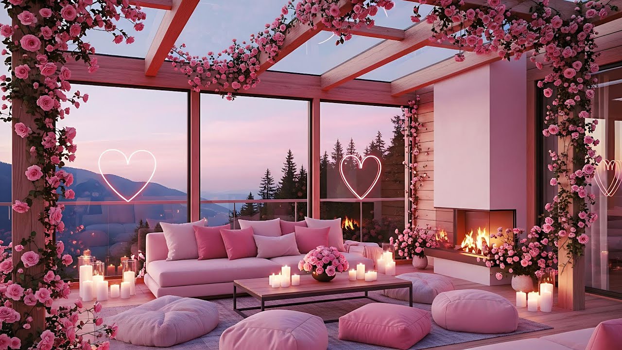 💕 Sweet Pink Snow Valentine Porch ❄️🔥 Jazz Playlist & Crackling Fireplace Sounds for Deep Rest