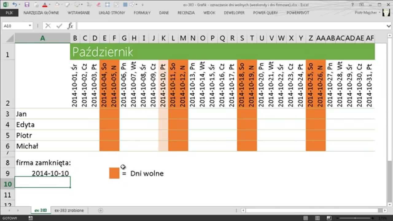 Excel 383 Grafik Oznaczanie Dni Wolnych Weekendy I Dni Firmowe Youtube kalendarz urlopowy excel