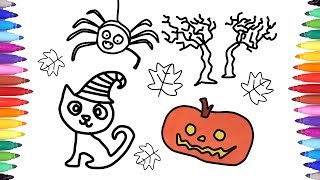 hOW tO dRAW hALLOwEEn cAT sCARY tREES cREEPY sPIDER | Halloween Coloring Pages for Kids