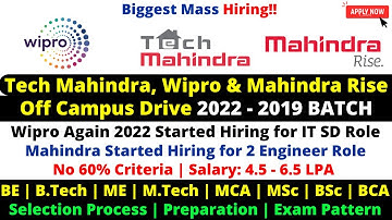 Wipro Hiring for IT SD Engineer Role⚡ Tech Mahindra Off Campus Drive 2022⚡ Below 60% Criteria 6.5LPA