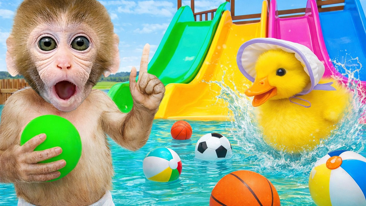 O Macaco Bon Bon cuida dos patinhos e vai tomar banho na piscina