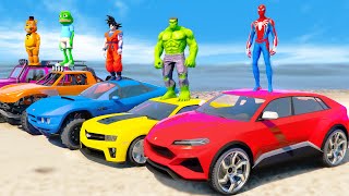 SPIDERMAN CARS Mega BEACH Ramp Challenge ! SUPERHERO GOKU Monster CARS JET SKI Planes - GTA V Mods