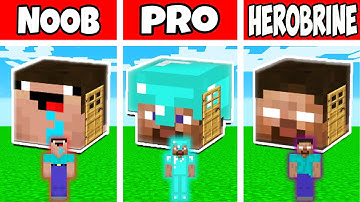 Minecraft Battle: NOOB vs PRO vs HEROBRINE: HEAD BLOCK HOUSE BUILD CHALLENGE / Animation