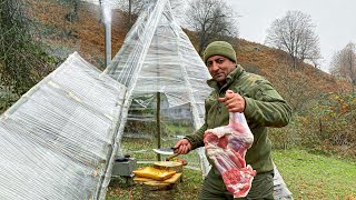 Built a Stretch Wrap Tent and Cooked a very Delicious Meat and Vegetables Dinner