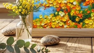 一点物】油絵『幸せの黄色いアーチ』A4額装済 ミモザと青空の立体美