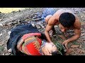 Survival primitive: Primitive people forest man taking care of a ethnic girl with a cold