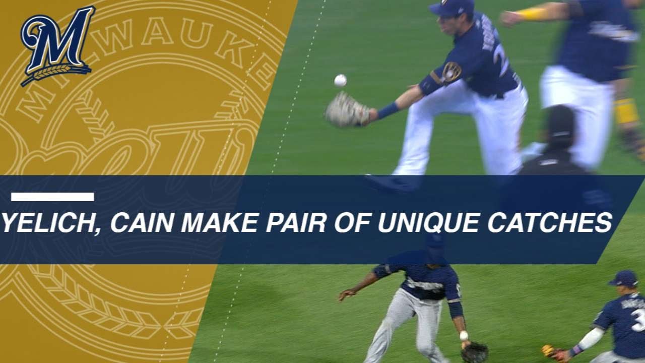 Yelich and Cain make a couple of unique catches