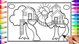How to Draw a Tree House Tree House Coloring Page Tree House with Rope Bridge and Slides