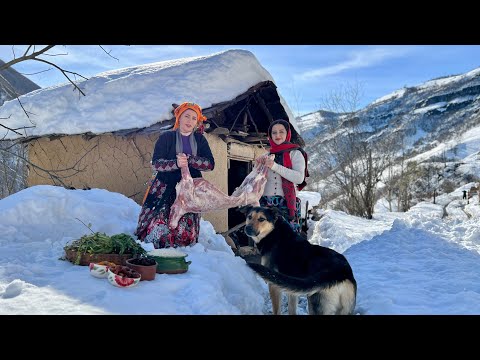 Lamb and Onions Cooked with Dried Fruits in Snowy Cold Day of Village