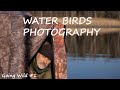 Photographing water birds from a floating hide - dinghy. Wildlife photography from water level.