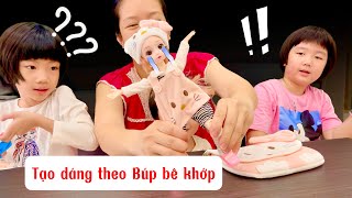 cùng chơi thử thách tạo dáng theo búp bê. Mở hộp búp bê doremon và Hello kitty