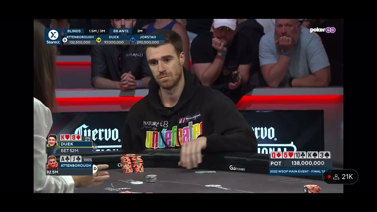 Duek shoved into the nuts at the WSOP Main Event to make it heads up. Dream spot for Attenborough!!!