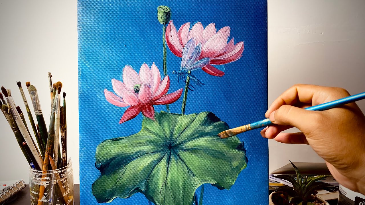 🪷Painting a Beautiful Lotus Flower With a Cute Dragonfly | Acrylic Painting | Huy Hội Họa ART