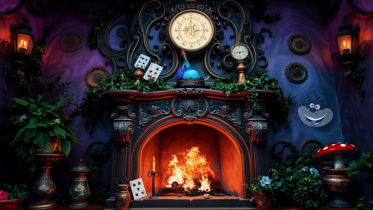 Alice in Wonderland Inspired Fireplace Ambience - Crackling Fire Sounds ASMR 4K