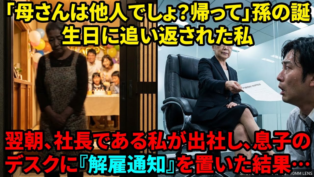 【スカッと】孫の誕生日に「他人は帰ってw」と追い出された。俺は笑顔で帰宅し、翌日、勤め先の社長として息子を呼び出した結果…【シニアライフ】【60代以上の方へ】