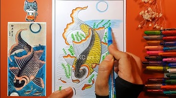 Vẽ Mô Phỏng tranh Dân Gian Hàng Trống- Cá Chép Trông Trăng | Nét màu trong tranh dân gian Hàng Trống