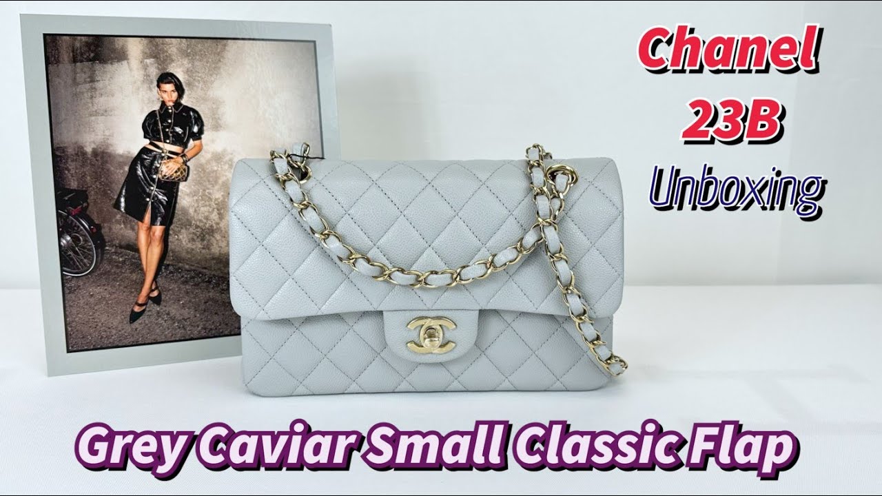 chanel 23B Grey Caviar Small Classic Flap with Champagne Gold Hardware. 