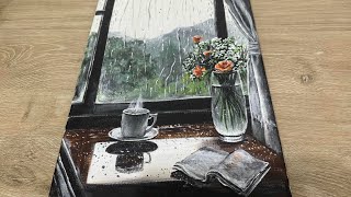 Rainy window and Flower Vase || Step by Step Acrylic Painting