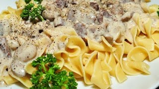 Beef Stroganoff! Sirloin Steak! Mushrooms! Sour Cream! Egg Noodles! Wine! Beef Stock!