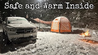 SNOW STORM CAMPING in an INFLATABLE TENT w/ Heavy Snow