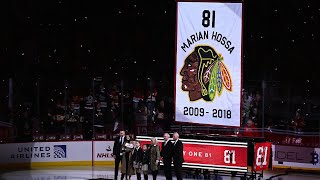 Marian Hossa's #81 goes to the rafters!