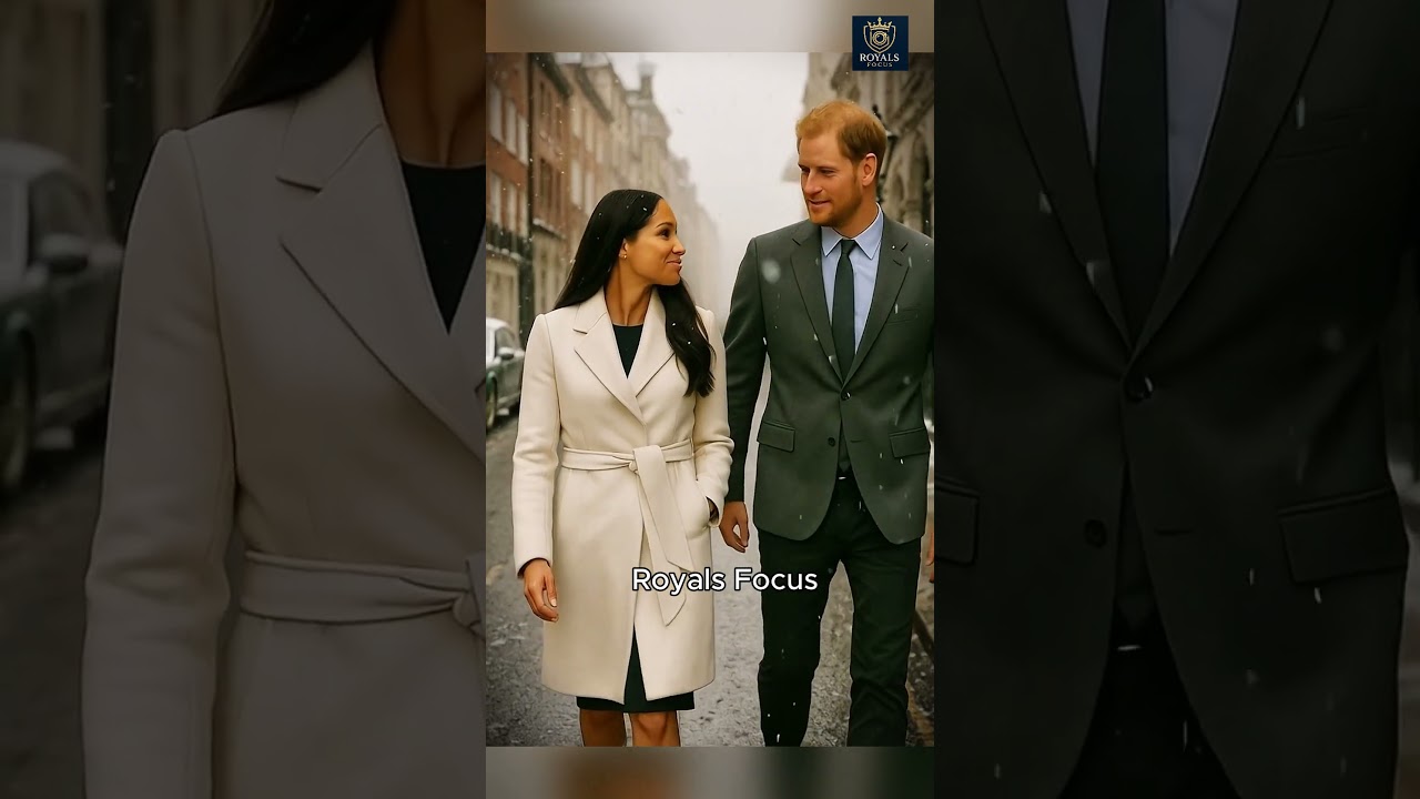 Meghan Markle in a sleek white coat and Prince Harry in a grey suit walking 