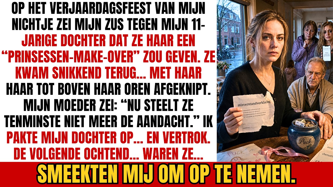 De schreeuw van mijn 11-jarige dochter sneed door het feestgeluid heen: “Mam, alsjeblieft, stop!” Maar mijn zus hield haar vast terwijl de kapster doorknipte. Toen Puck met haar afgeknipte haar de...