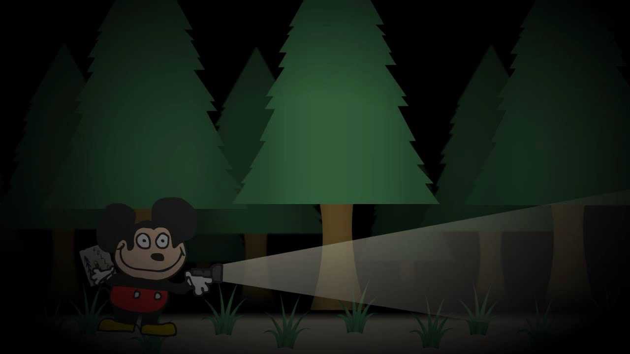Slunder - Let's find the house! - A cartoon of a crudely animated Mickey Mouse being chased through the woods at night by a Slenderman like monster.