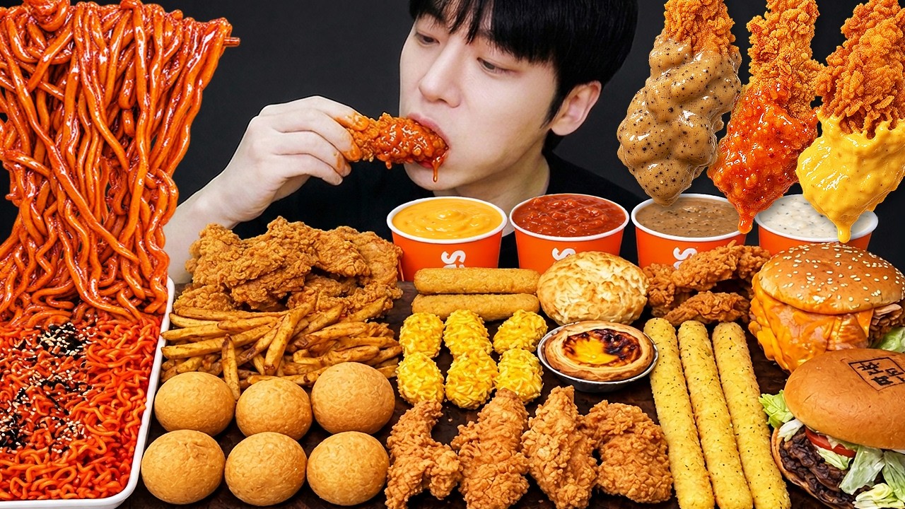 ASMR MUKBANG POPEYES 치킨먹방! 불닭볶음면, 치즈스틱, 햄버거 CRISPY FRIED CHICKEN CHEESE STICK EATING SOUND!