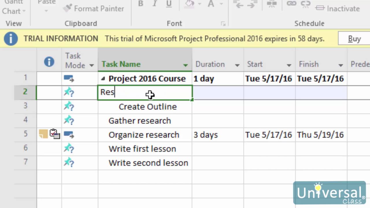 Lesson 7 Organizing Tasks Microsoft Project 16 Course Youtube