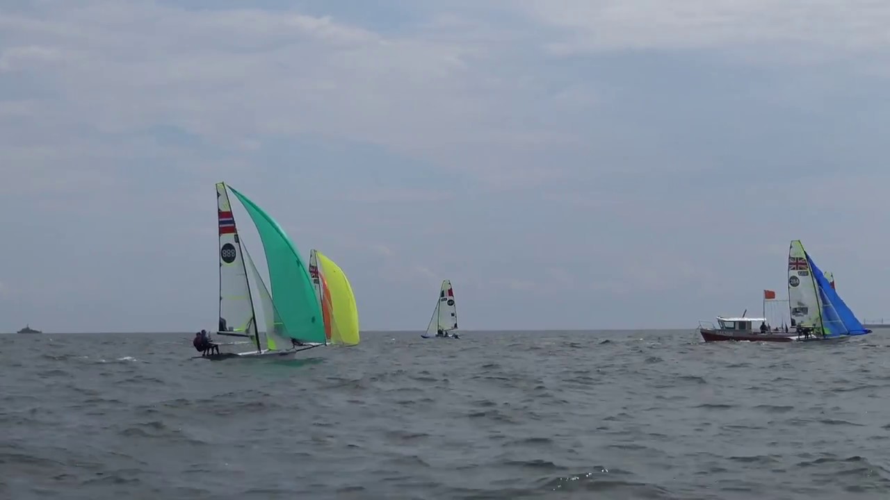 49er Sailing Race 9 - Finish - Blue fleet - 2018 European Championship - Day 3