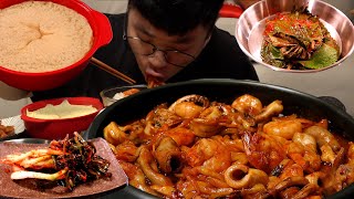 ASMR Mukbang 먹방창배 오징어 곱창 새우볶음 오낙새 파김치 깻잎 계란찜 한식 맛집 대박 레전드 먹방 Spicy stir fried Legend kfood eatingsho