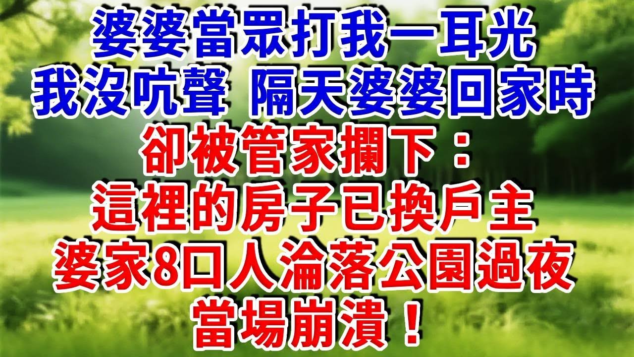 婆婆當眾打我一耳光，我沒吭聲。隔天婆婆回家時，卻被管家攔下：這裡已換戶主！婆家8口人淪落公園過夜，當場崩潰！#為人處世#生活經驗#情感故事#故事#小說#戀愛#情感#婚姻