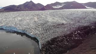 Bird's eye view of glacier and mountain in Svalbard