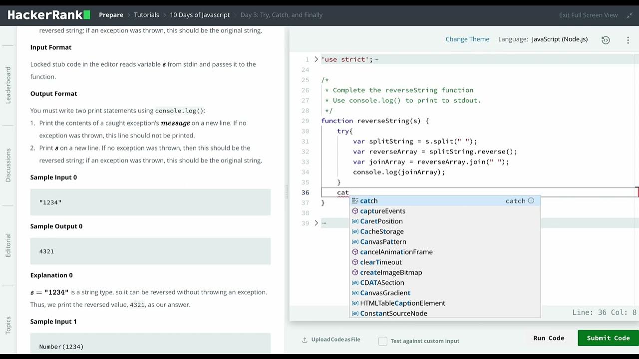 Hackerrank 10 days of javascript day 3 try catch and finally youtube