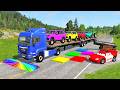 Triple Flatbed Trailer McQueen Transportation with Truck - Speedbumps vs Cars vs Train - BeamNG