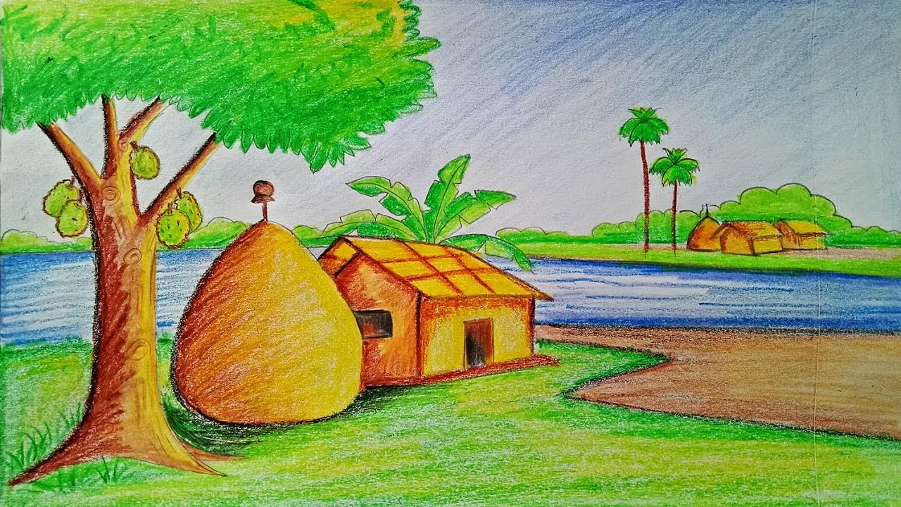 Small Village Drawing Easy / How to draw village scene.