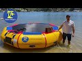 Anchoring Island Hopper water trampoline and water bouncer