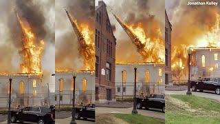 Video shows steeple of 160-year-old Mass. church collapsing in massive fire