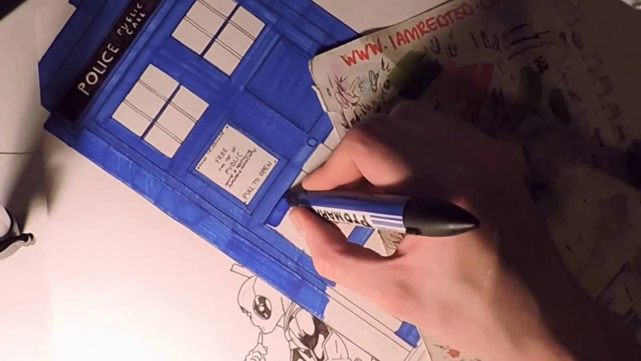 Deadpool stealing TARDIS ProMarker drawing