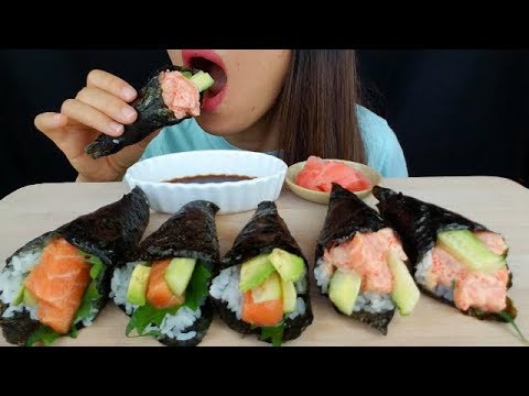 asmr-salmon-sushi-hand-rolls-(sushi-cones-🍣)-*big-bites,-no-talking-eating-sounds-mukbang
