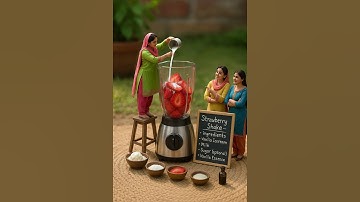Miniature Strawberry Shake | Tiny Punjabi Women Make Giant Fruit Shake | Hyper-Realistic Art 🍓