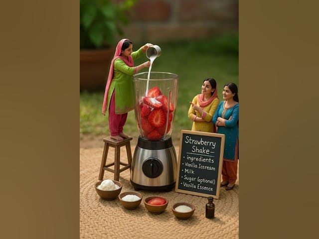 Miniature Strawberry Shake | Tiny Punjabi Women Make Giant Fruit Shake | Hyper-Realistic Art 🍓