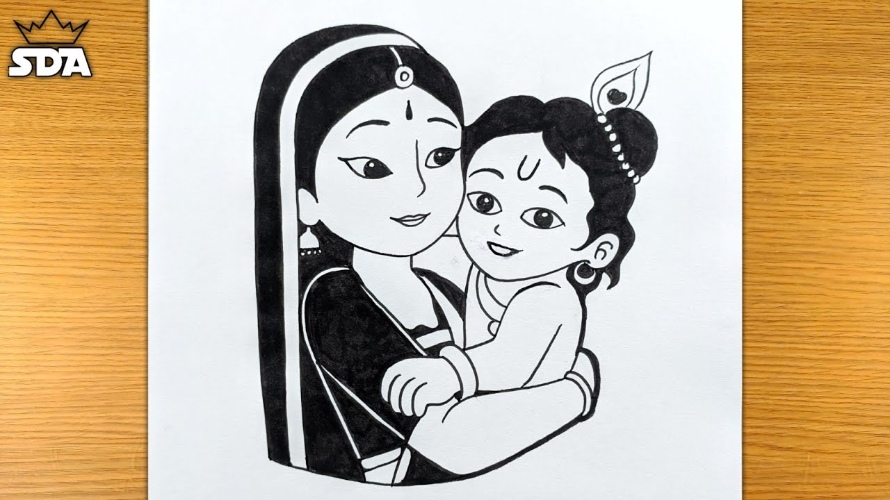 How to Draw Little Krishna with Maa Yashoda || Krishna and Yashoda ...