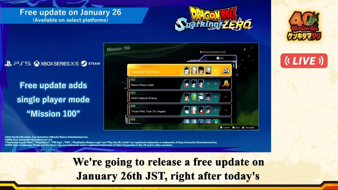 DRAGON BALL Sparking ZERO Update, Mission 100 New Game Mode!